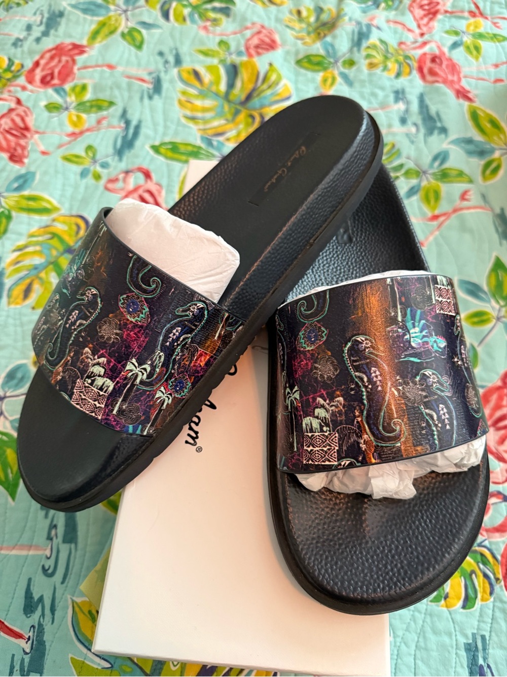 Black Slide Sandals with Iridescent Paisley Strap Robert graham  Tiki size 12